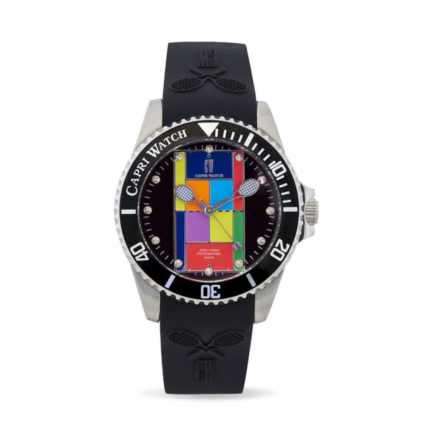 Tennis Stainless Steel Black-Patch Silicone Strap